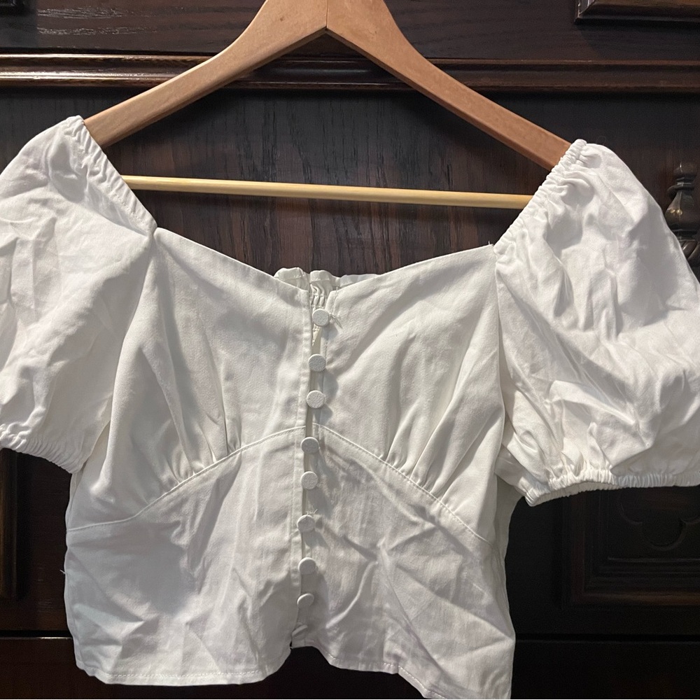 White Puff Sleeve Button-Up Top